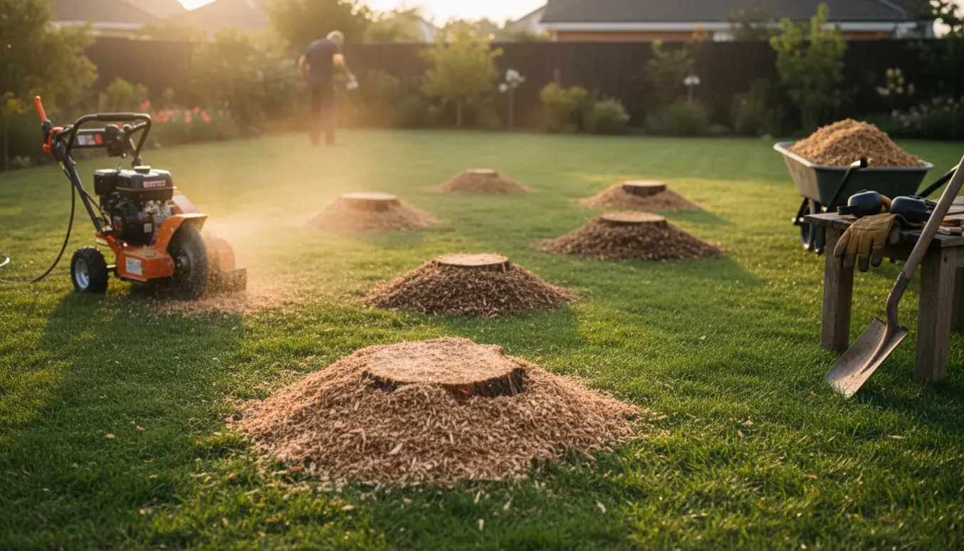Stubfræser ved seks stubbe i en have med frisk træflis omkring hver stub.