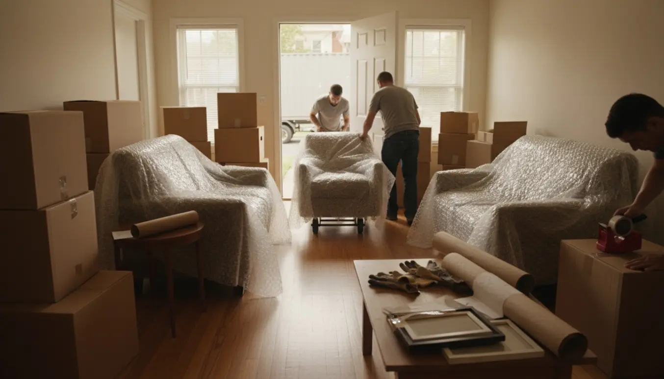 Indpakkede møbler og kasser bæres ud fra en lys lejlighed mod en container udenfor.