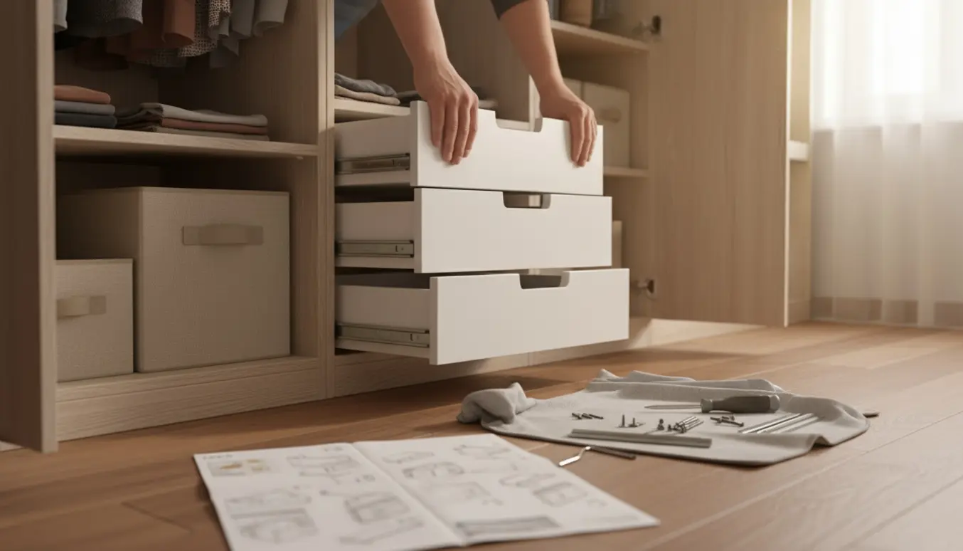 Hænder installerer tre ekstra IKEA-skuffer i en åben garderobe i et lyst soveværelse.