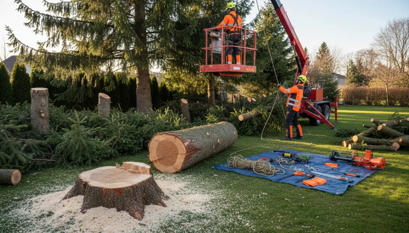 Arborister fælder et stort grantræ og topkapper mindre graner med kædesave og riggingudstyr i en have.