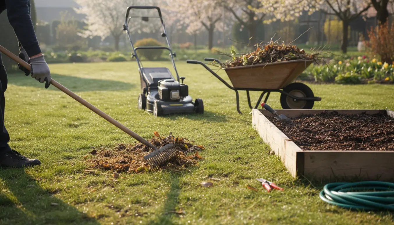 Hænder rakerer mos og vinteraffald af en lille forårsplæne med haveredskaber og trillebør i baggrunden.