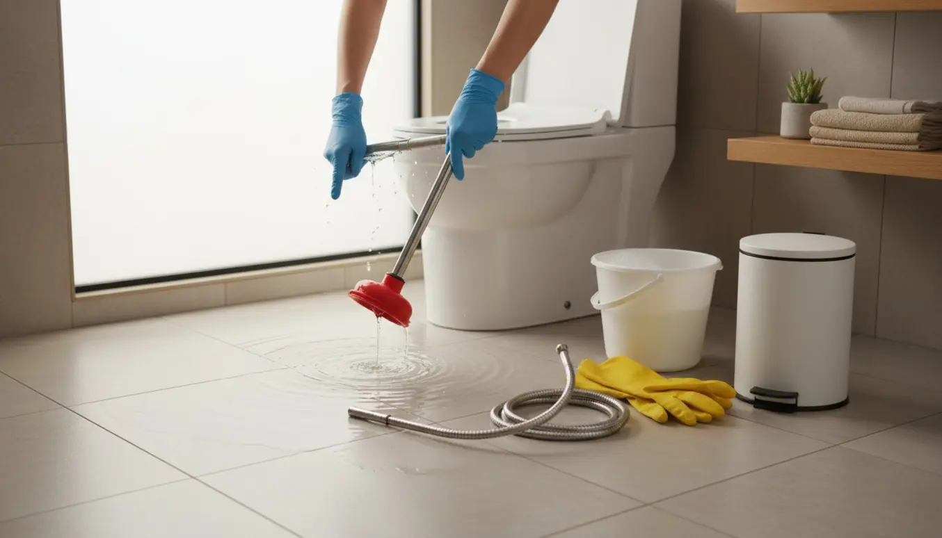 Gummihandskeklædte hænder bruger en sugekop ved et stoppet toilet i et lyst badeværelse.