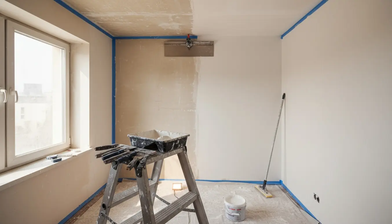 Loftet i et lille rum bliver spartlet, slebet og malet med stige, maling og værktøj i fokus.