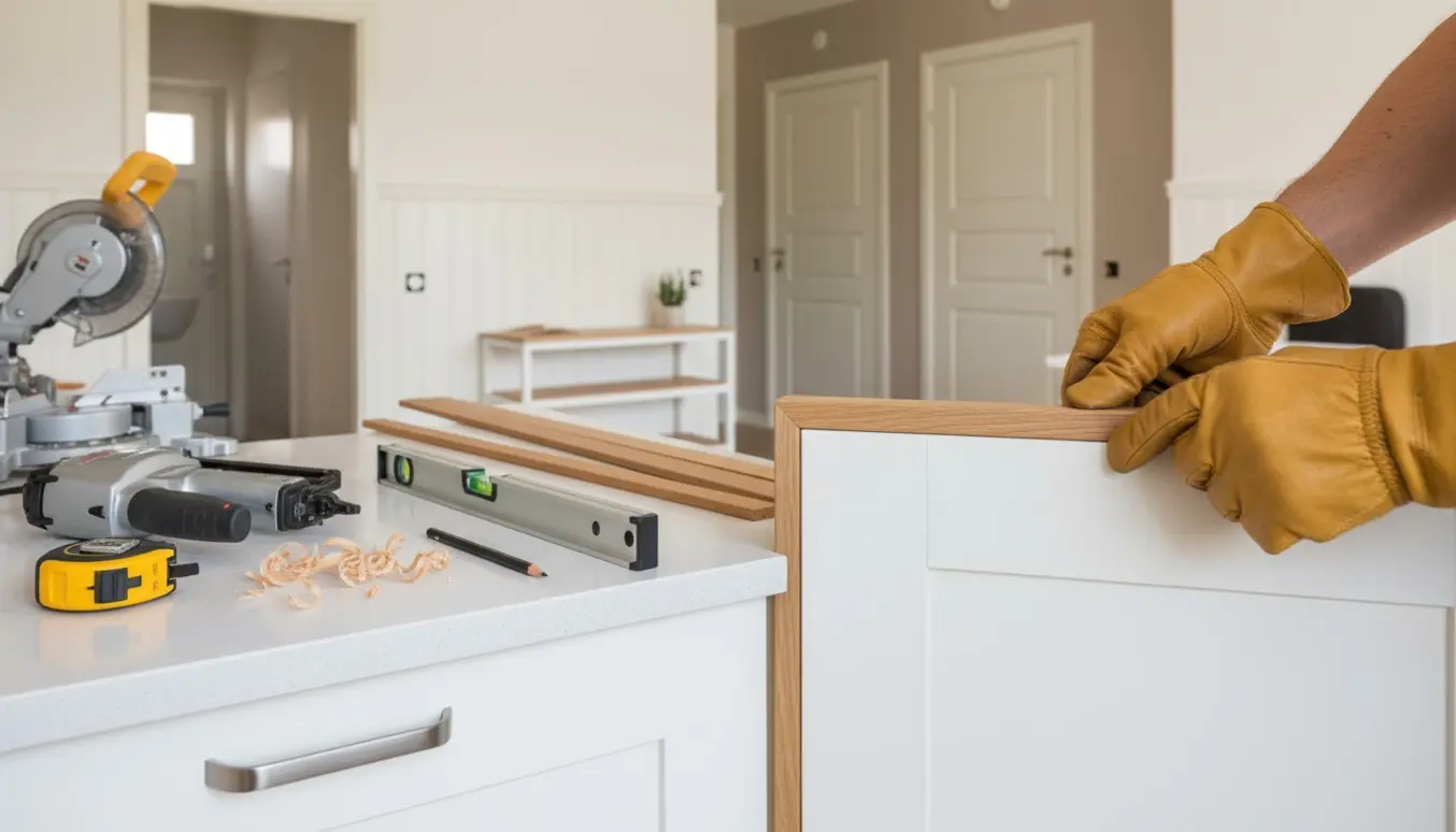 Hænder monterer nysavet trælist på en køkkenlåge med værktøj og nymonterede paneler i baggrunden.