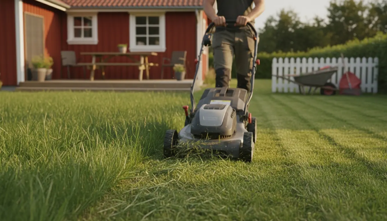 Person slår ankelhøjt græs ved et sommerhus med plæneklipper i varmt eftermiddagslys.