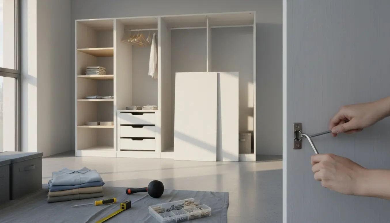 Nærbillede af næsten færdigsamlet PAX-garderobe med rammer på plads og låger samt hylder klar til montering.