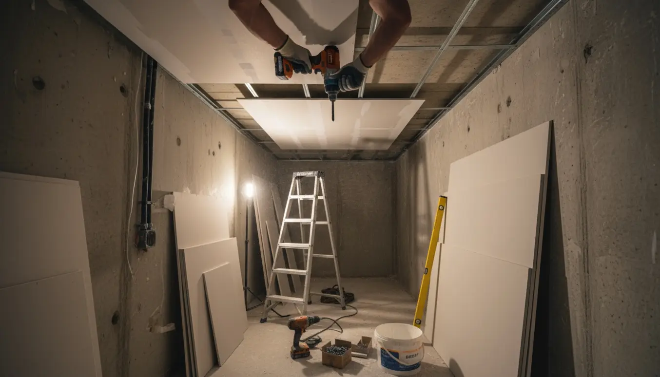 Nærbillede af montering af gipsloft i en smal kældergang med værktøj og arbejdsbelysning.