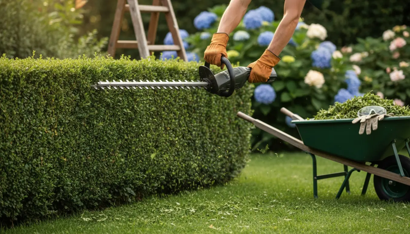Nærbillede af hækkeklipning i en have med handske på, en trimmer og friske grønne hække i blødt sollys.