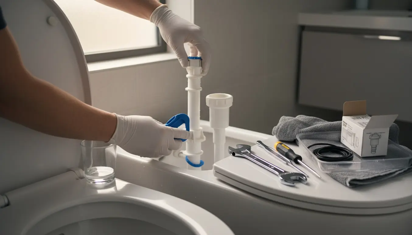 Hænder reparerer et åbent toilets cisterne med værktøj og reservedele i et lyst badeværelse.