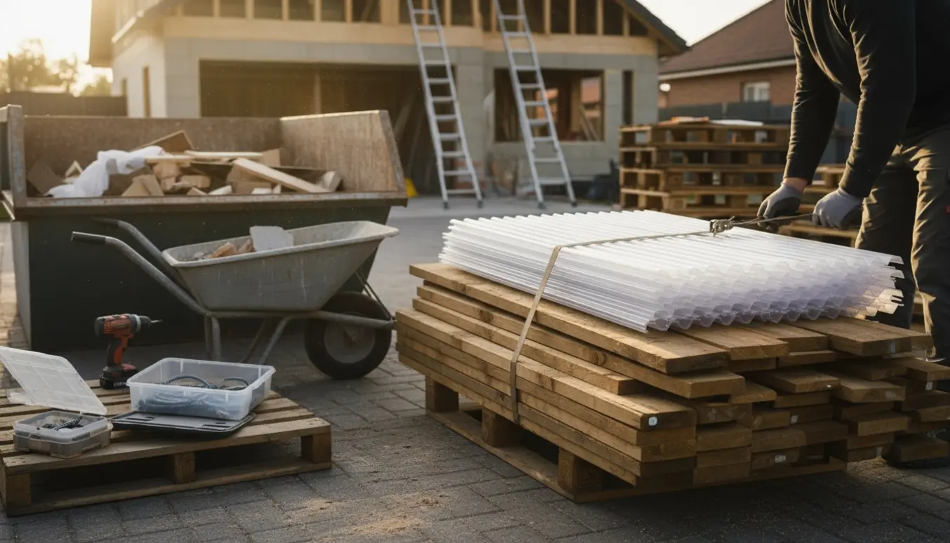 Byggeaffald med brædder og plasttagplader samlet i en container på en indkørsel.