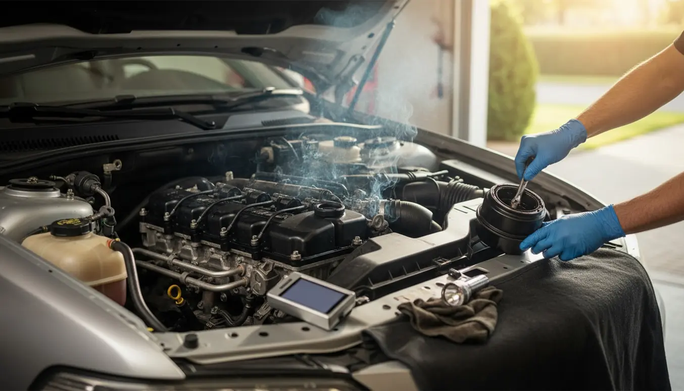 Mekanikerens handsker rækker ind i en dieselmotors åbne motorrum med røg og værktøj på skærmen.