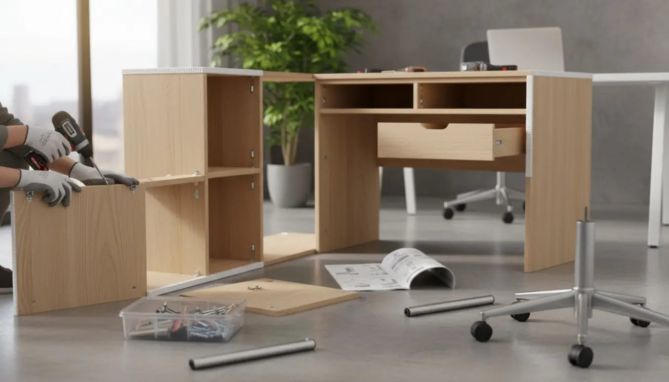 Nærbillede af hænder, der reparerer flere fladpakkede IKEA-møbler i et lyst, ryddeligt kontor med værktøj og reservedele.
