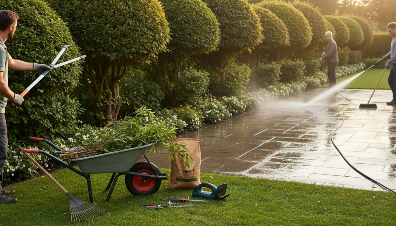 Beskæring af store buske ved blomsterbede og rengøring af stenterrasse med kost og højtryksrenser.