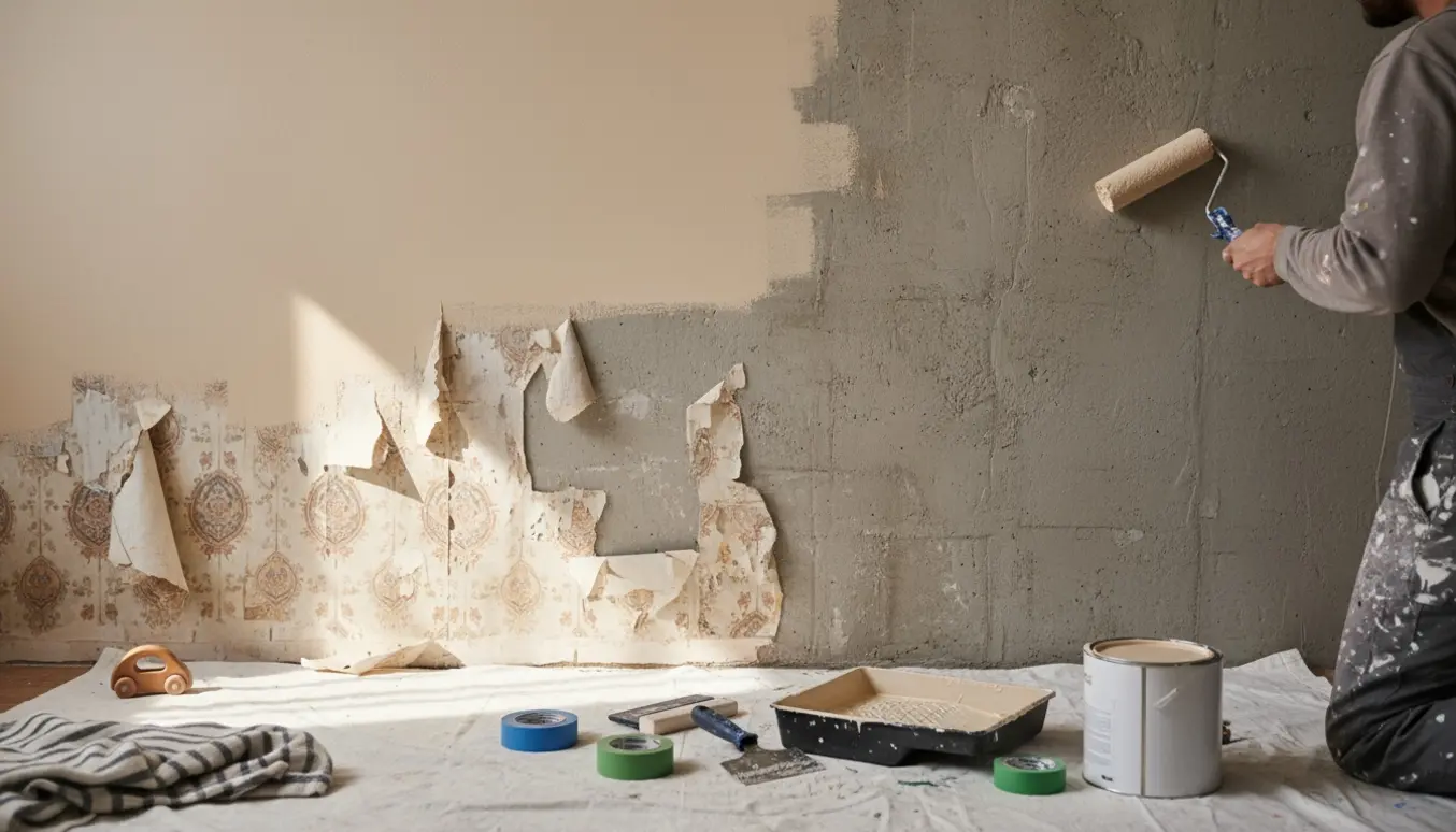 Halvt malet lavloftet væg med revet tapet og en maler, der ruller primer på betonvæggen.