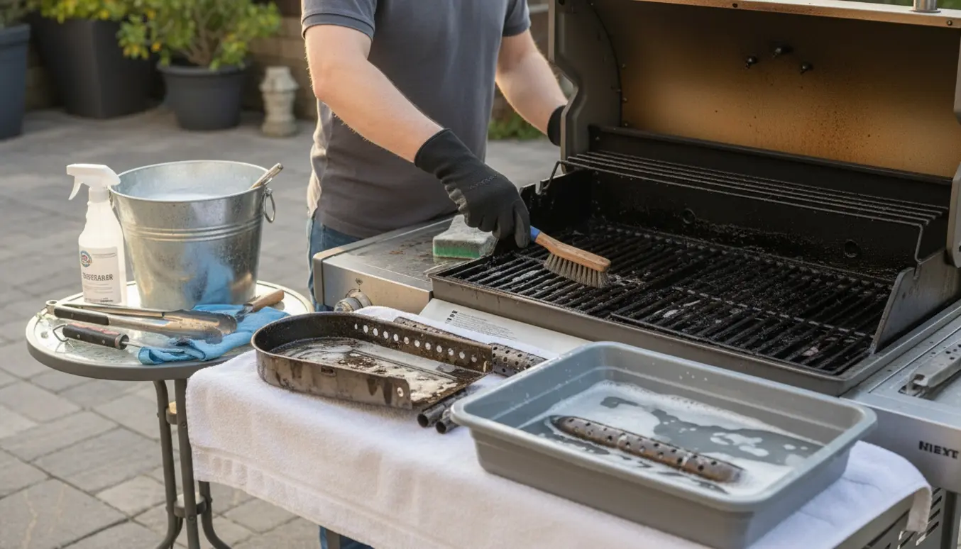 Handskerede hænder skrubber en åben gasgrill med børste og rengøringsmidler på en solrig terrasse.