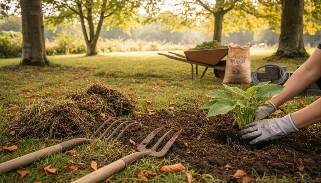 Nærbillede af plantning af tre hostaer i et nyetableret havebed efter fjernelse af højt græs, med bøgetræer i baggrunden.