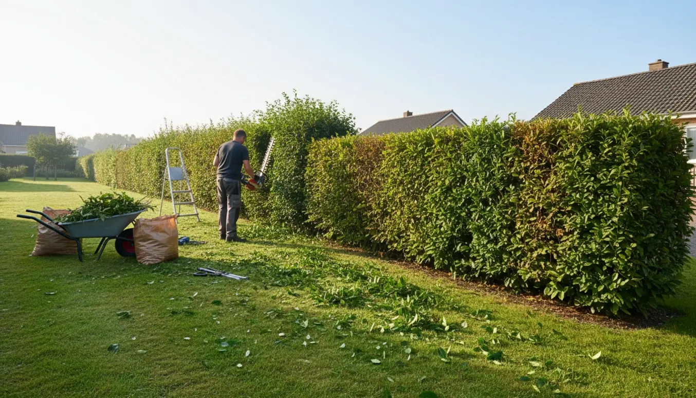 En person set bagfra klipper en lang ligusterhæk med afklip samlet i en trillebør.
