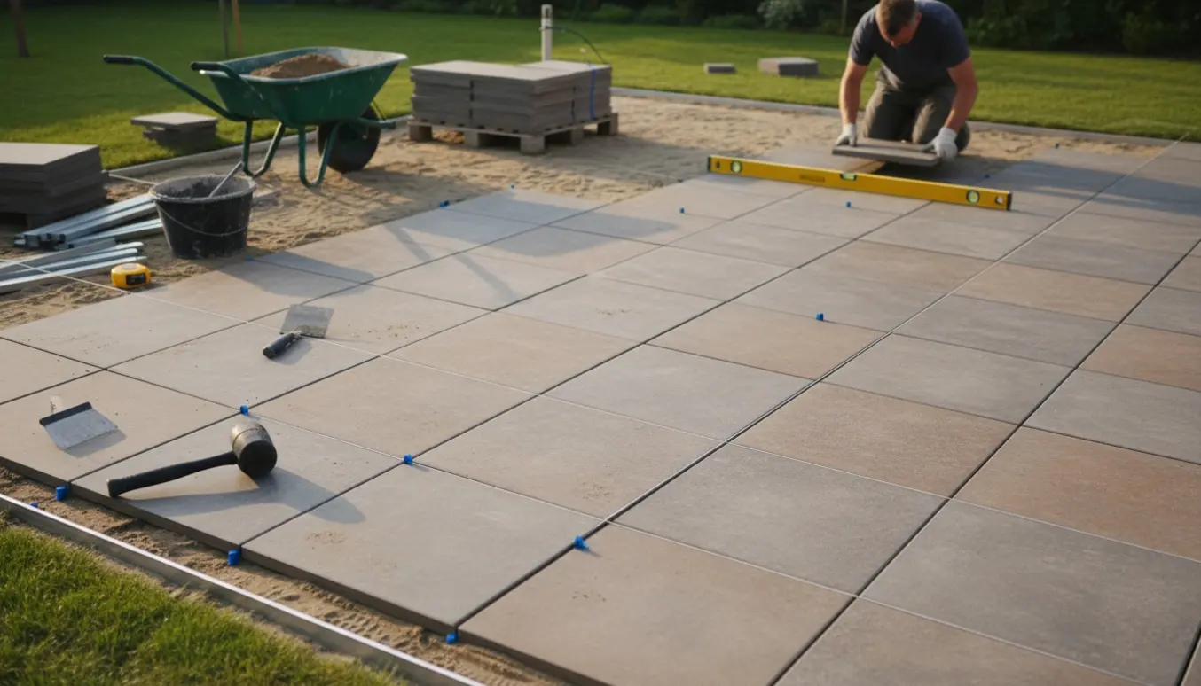 Delvis færdig terrasse hvor store kvadratiske fliser lægges med værktøj og retsnore synlige.