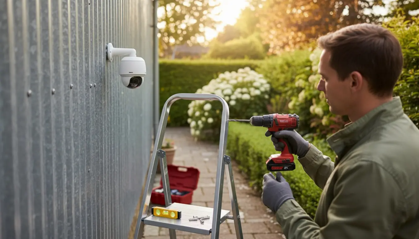 Person monterer udendørs overvågningskamera på metalfacade i en frodig juni-have.