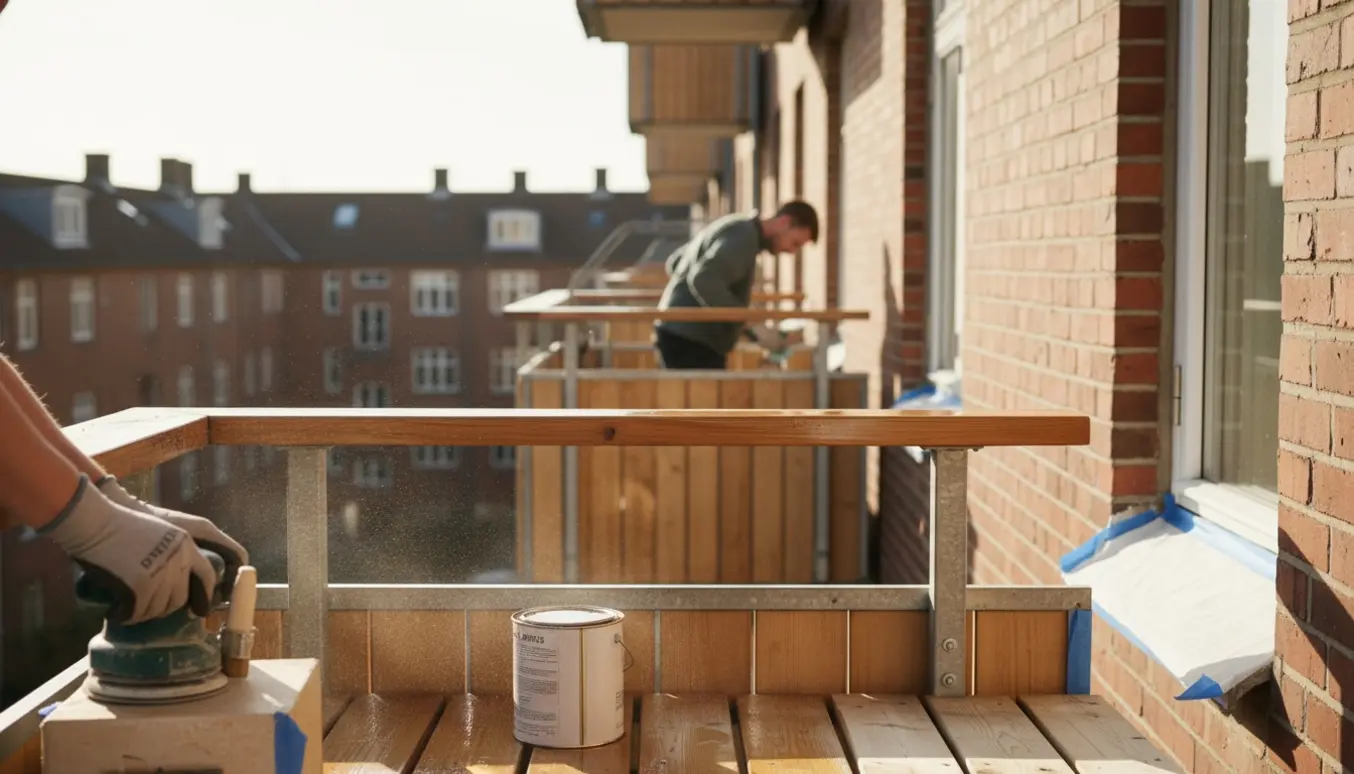 Hænder sliber og olierer trægelænder på små altaner foran en rødstensfacade i København.