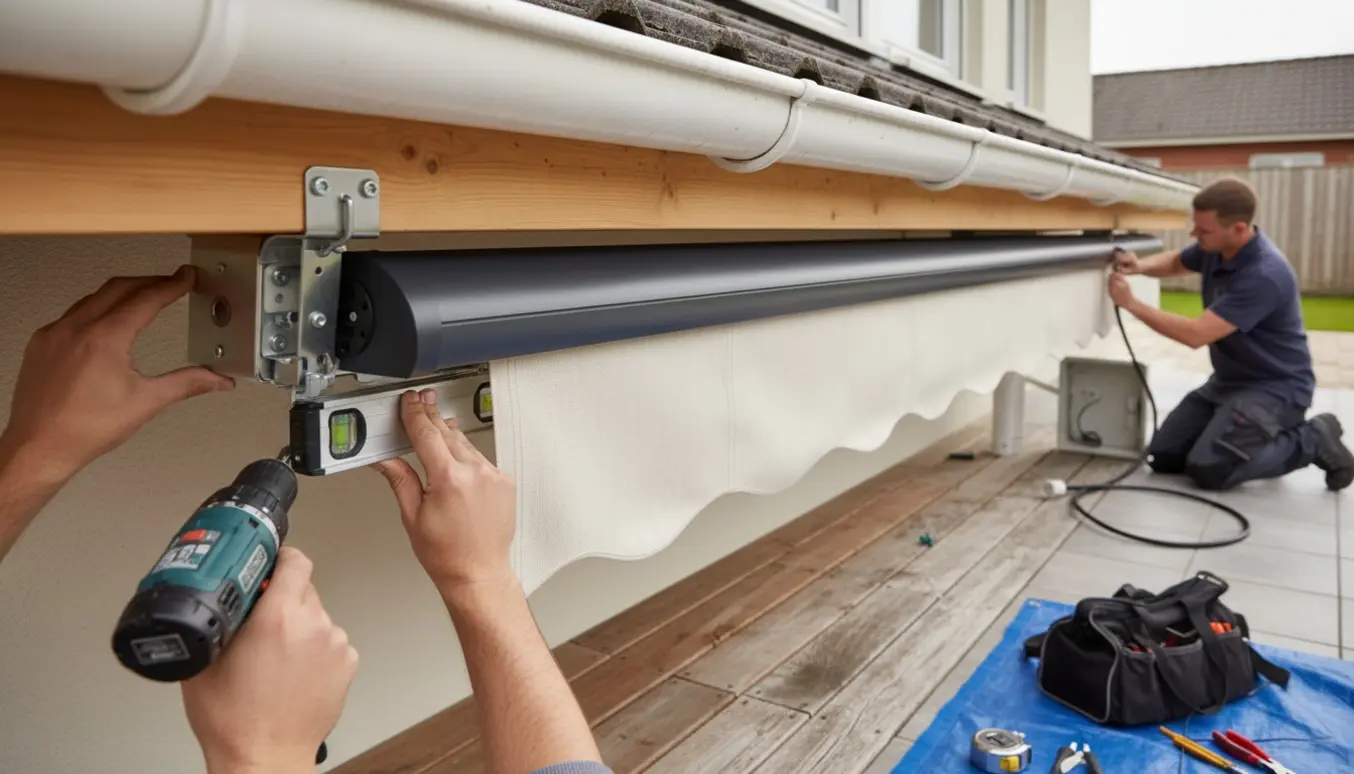 Håndværkere monterer en elektrisk markise under udhænget og tilslutter strøm på terrassen.