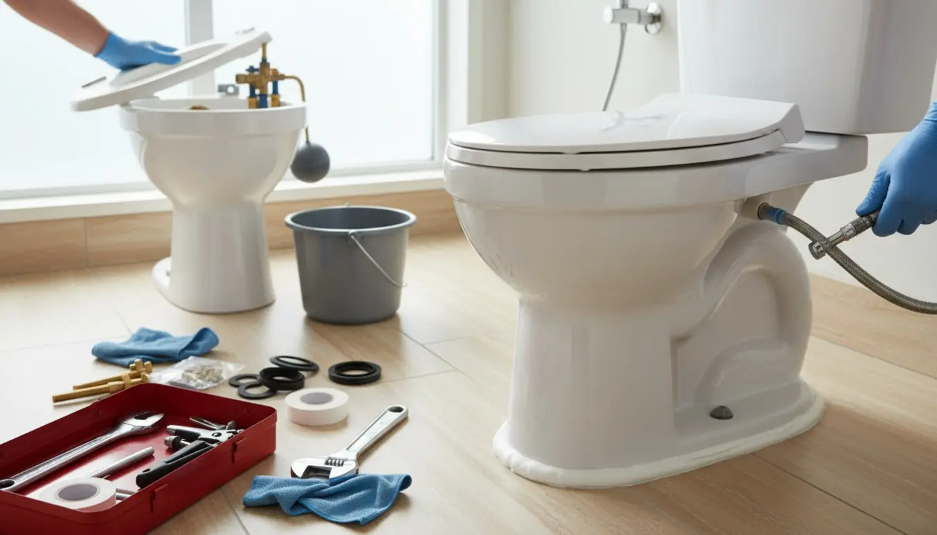 Lyst badeværelse med nyt toilet og en reparation i gang, værktøj og håndværkerhænder ved arbejdet.