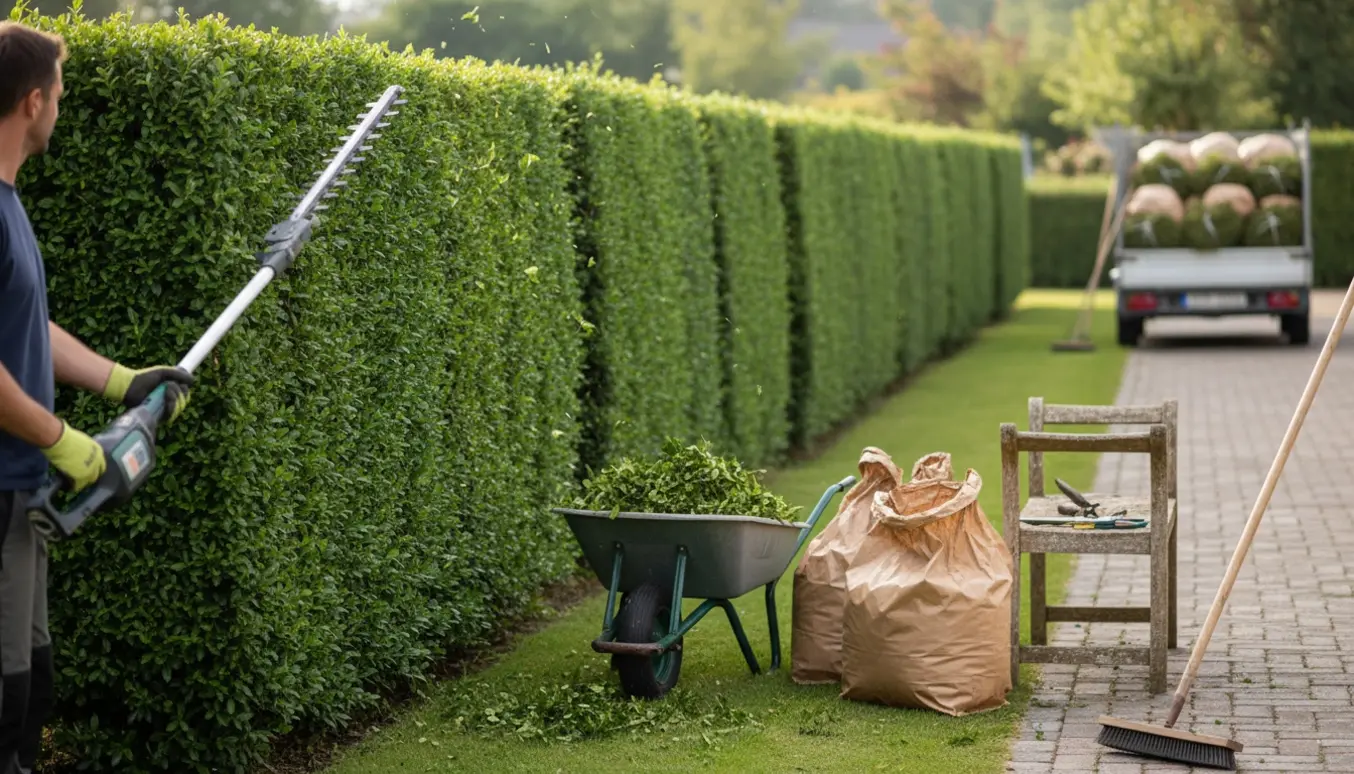 En havearbejder trimmer en 19 meter ligusterhæk med klippeaffald i trillebør og poser klar til bortkørsel.