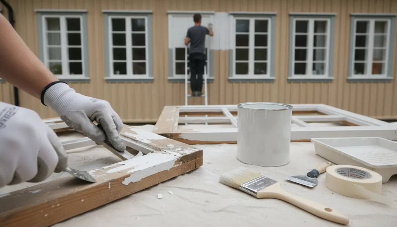 Hænder skraber gammel maling af et bondestilsvindue, mens en maler på stige maler en 1. sals ramme i mat hvid.