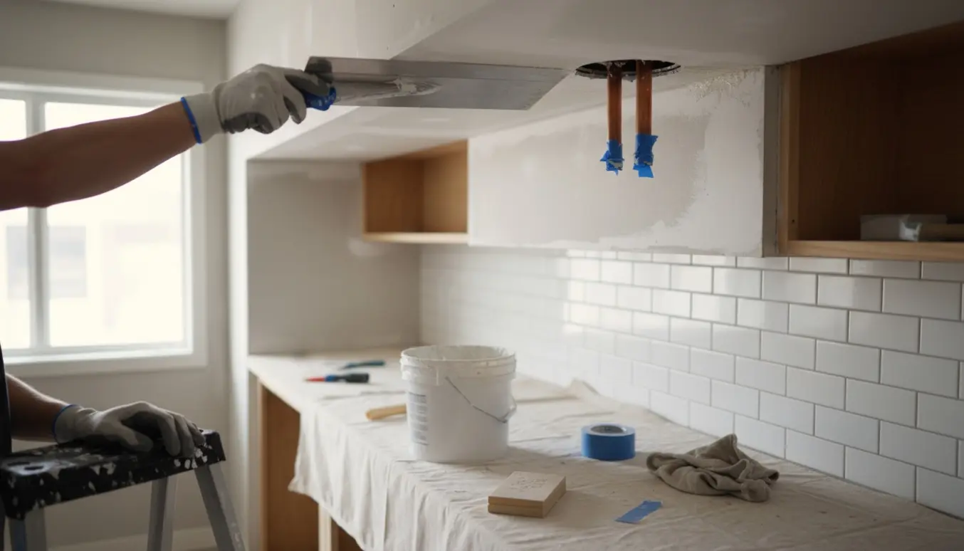 Nærbillede af hænder, der spartler loft omkring to vandrør og en køkkenvæg.