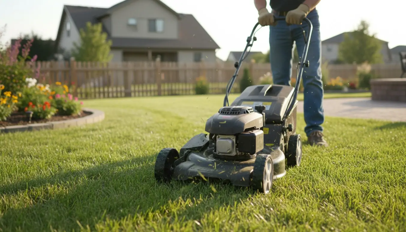 Kompakt plæneklipper i brug på en lille forhave med nyklippede striber i blødt dagslys.