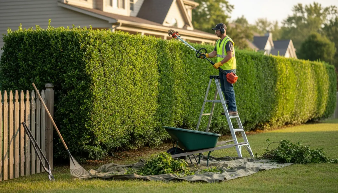 En lang, 2,5 m høj hæk trimmes professionelt med motorhækkeklipper mens afklip samles i en trillebør.