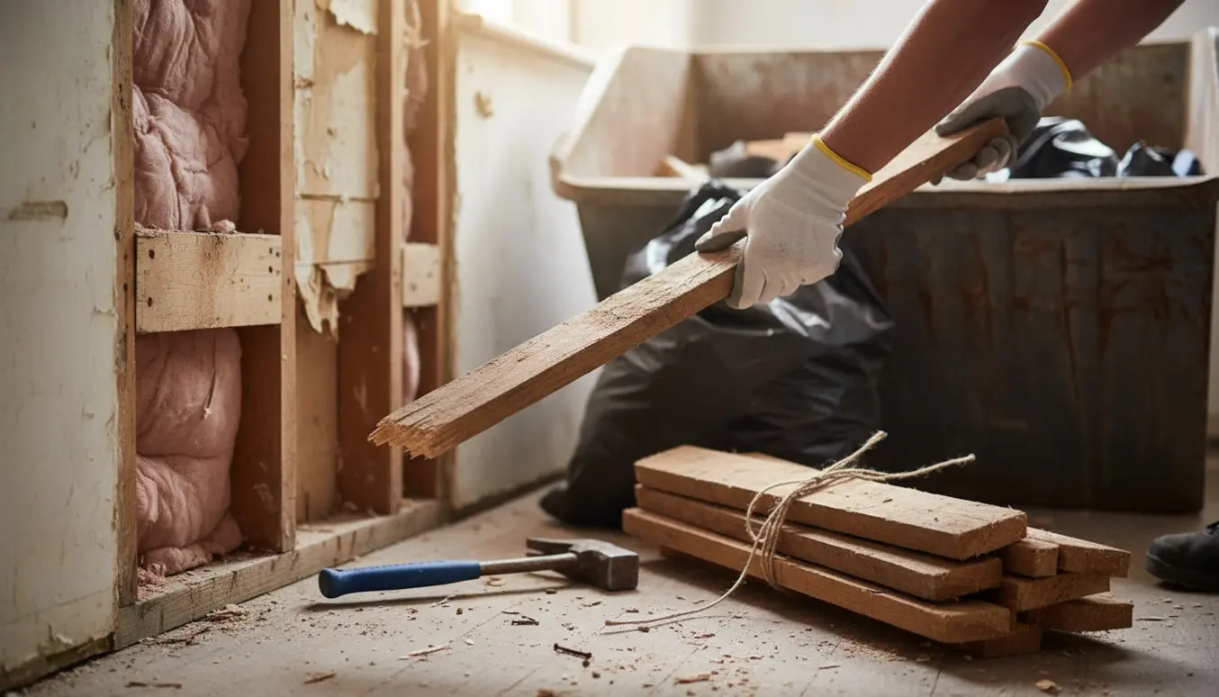 Hænder i handsker løfter en trælægte fra en væg under renovering med bunke klar til bortskaffelse.