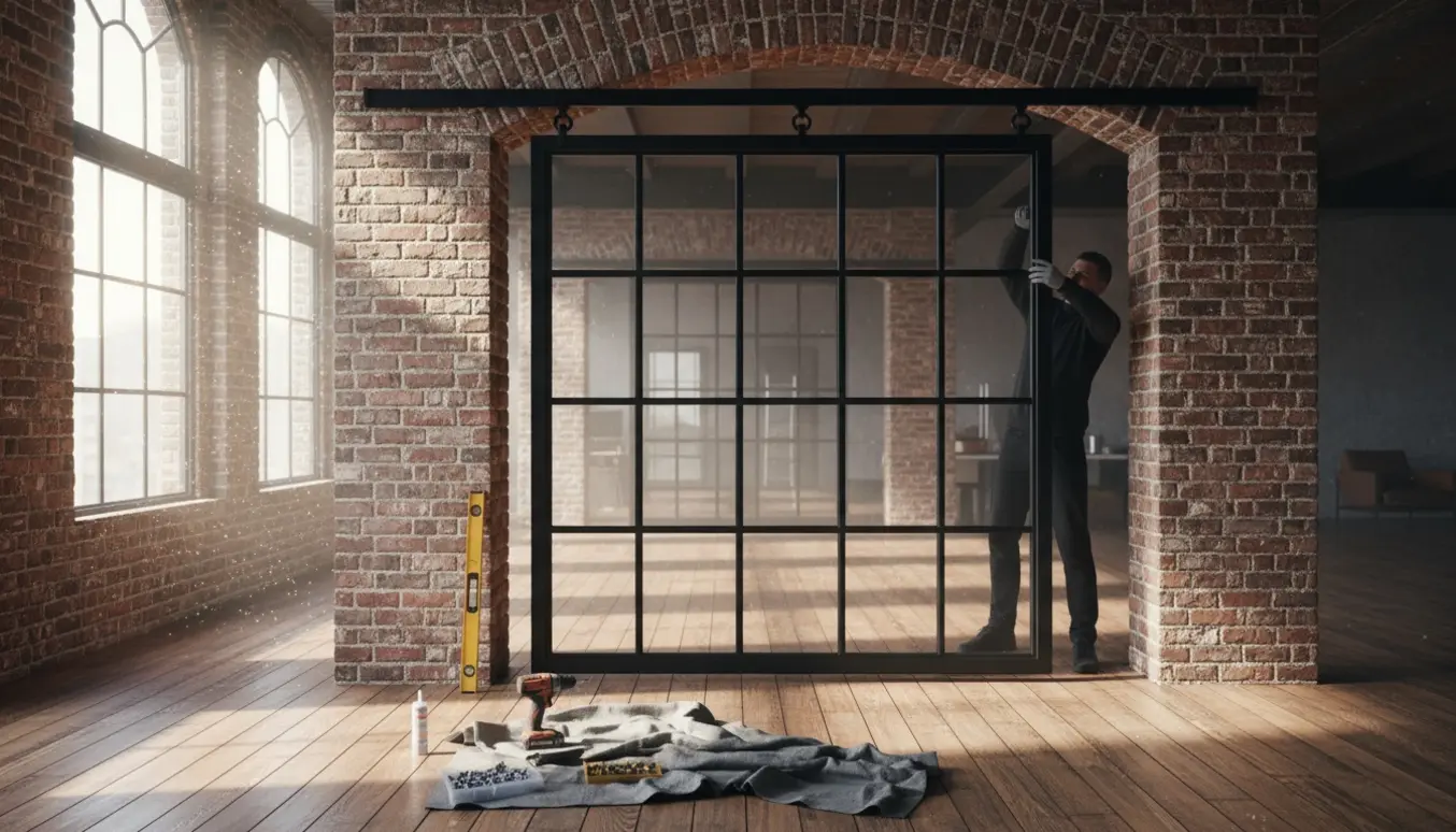 Montør justerer en New York-inspireret skydedør med sort stålramme i et lyst byloft, kun hænder synlige.