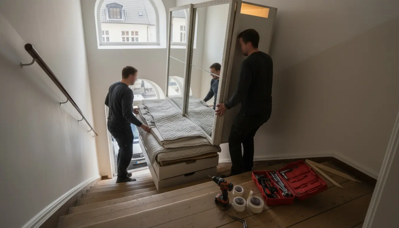 To flyttemænd bærer indpakkede skabs- og sengedele ned ad en lys, smal trappe i en københavnsk opgang.