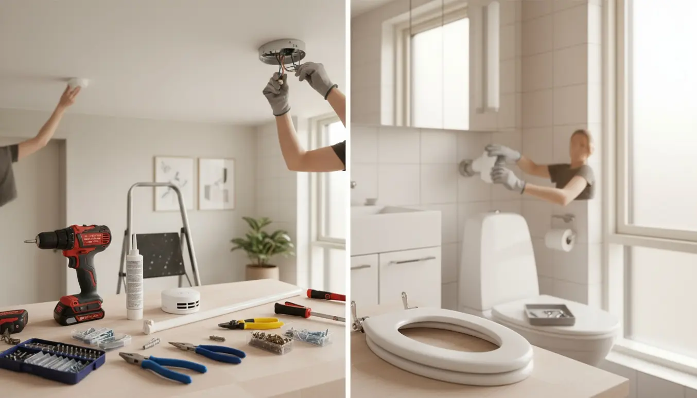 Værktøj på bord og hænder, der monterer røgalarmer, strammer lampeledninger, skifter lysstofrør og sætter toiletbræt.