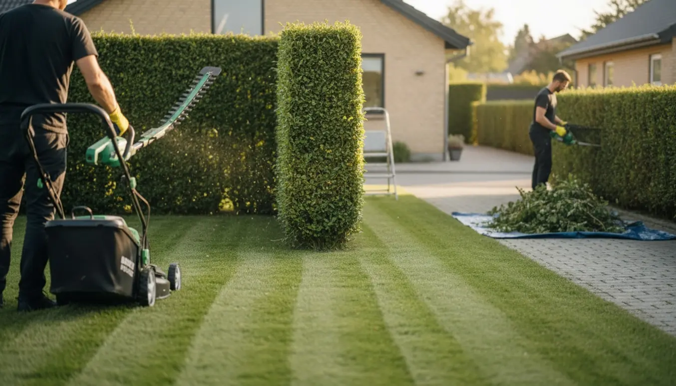 Nærbillede af hækkeklippers bevægelse, nyslået græs og nyklippede hækkanter i en velholdt villahave.