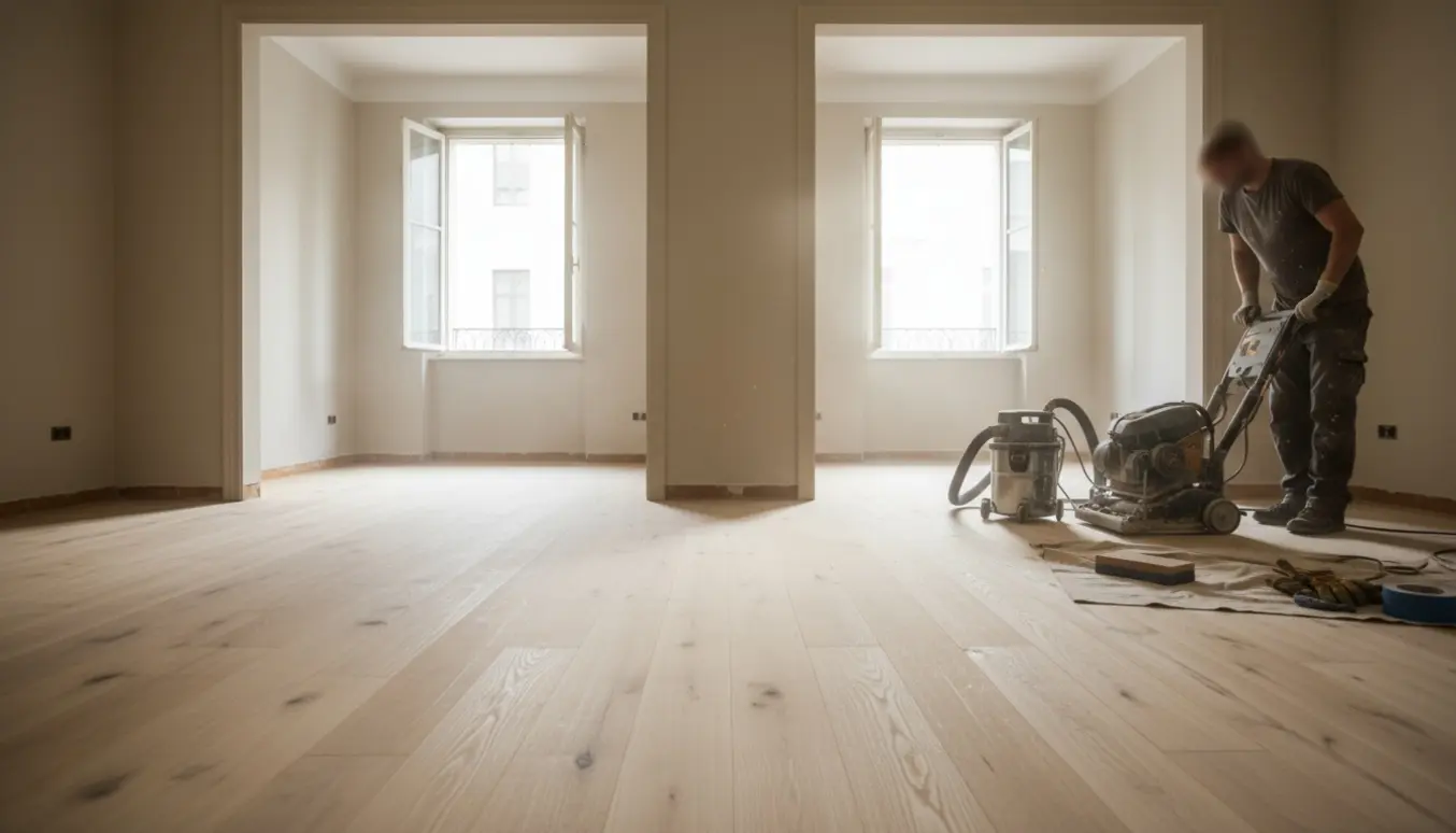 Tom lejlighed med gulvafhøvling i gang, synlig kontrast mellem gammel lak og nyslebet træ.