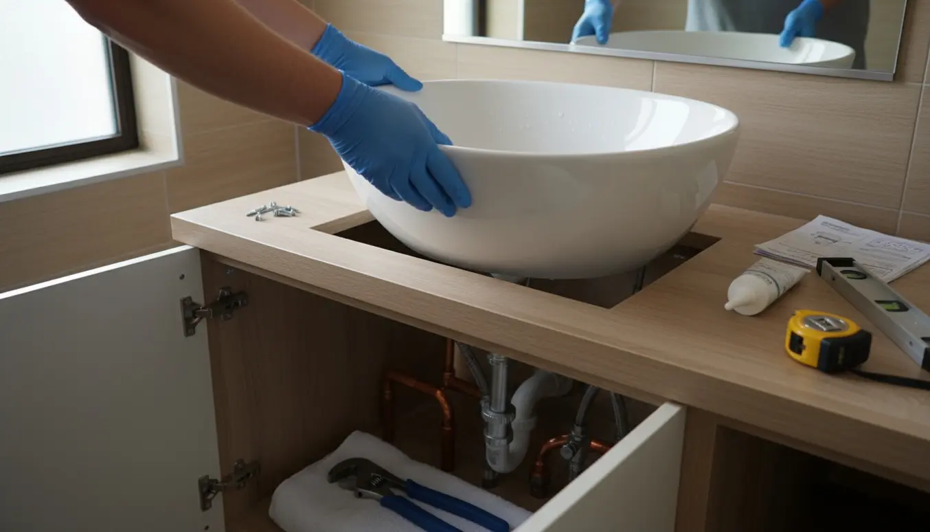 Nærbillede af en ny vask, der sænkes ned i et badeværelsesskab med VVS-værktøj omkring, klar til udskiftning.