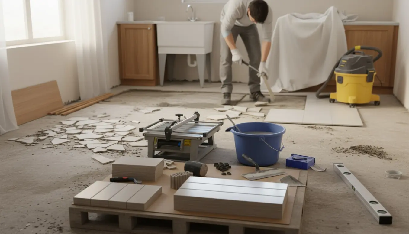 Bryggers under renovering med fjernede fliser og nyt flisemateriale klar til lægning.