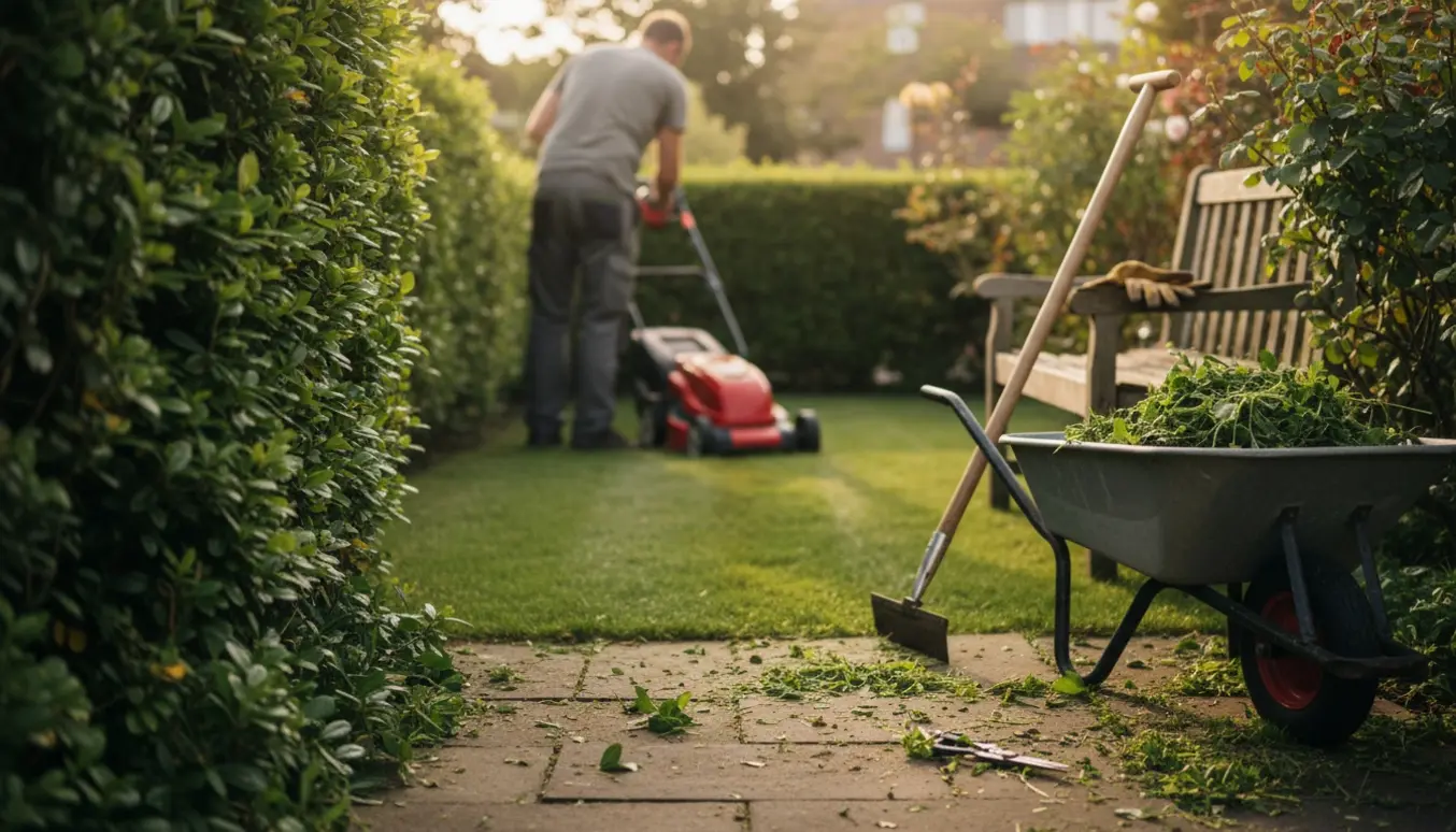 Nærbillede af hækklipning og græsslåning i en lille forhave med haveredskaber.