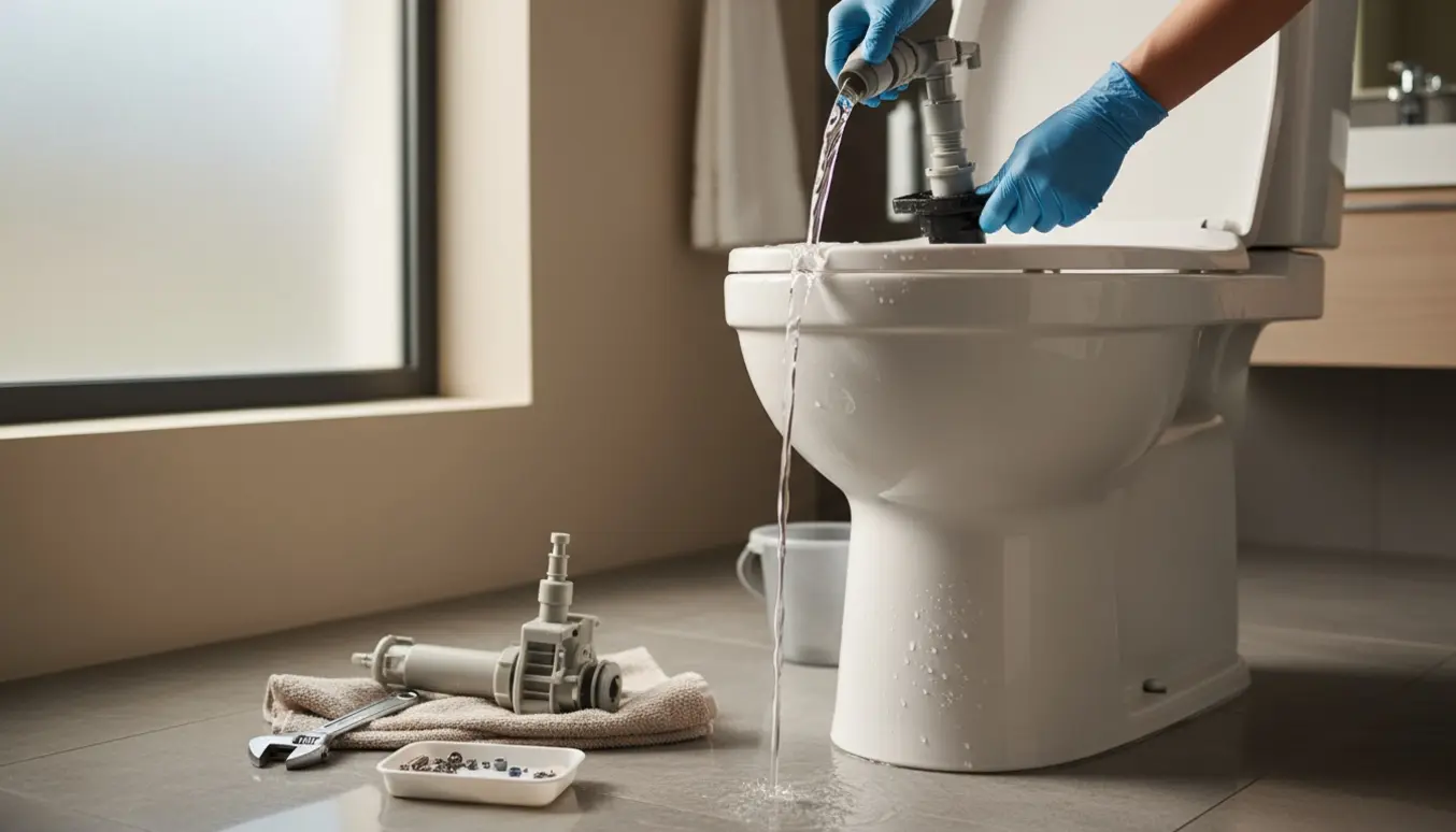 Moderne fritstående toilet med åben cisterne, hvor hænder forsøger at stoppe en konstant vandstrøm.