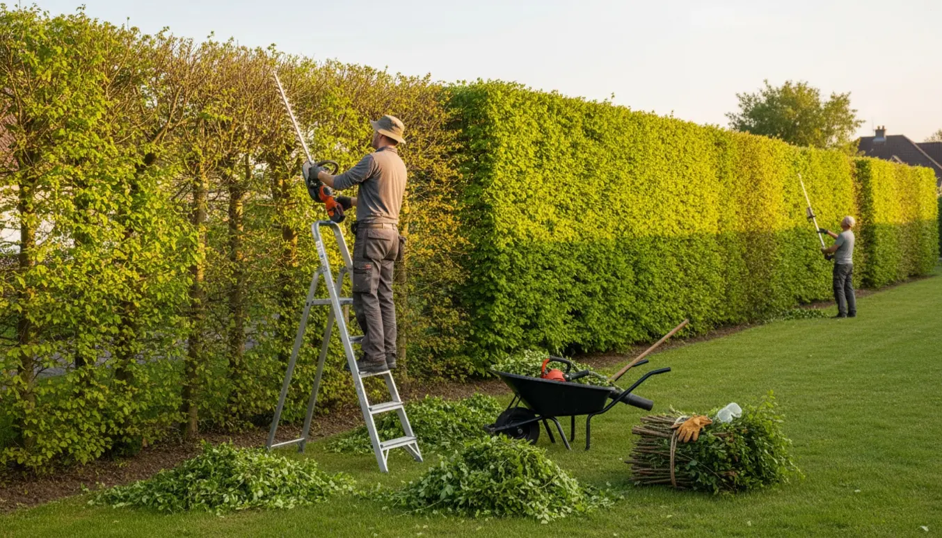 Lang bøgehæk på cirka 200–250 cm bliver professionelt klippet med stige og langt hækketrimmer, med friske afklip på græsset.