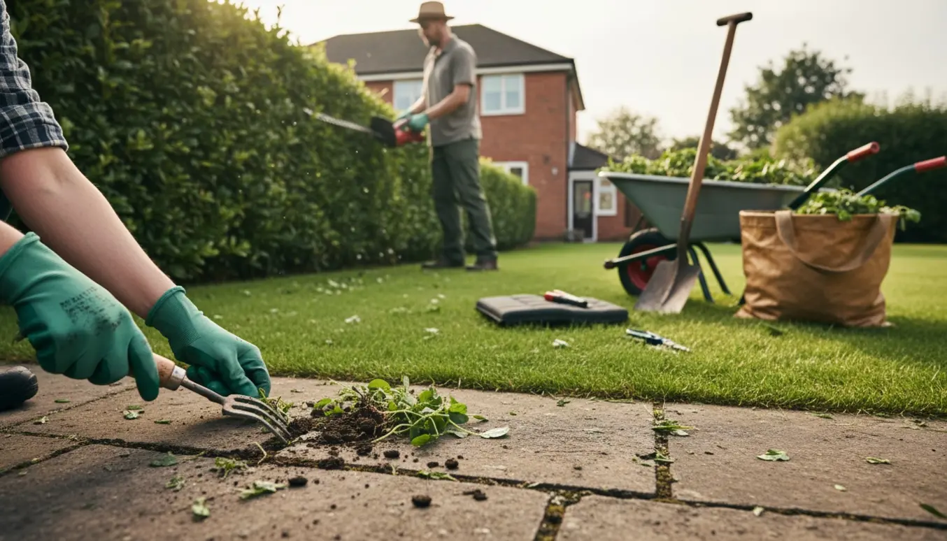 Nært foto af hænder, der luger mellem fliser og en person der klipper hæk i en velplejet have.