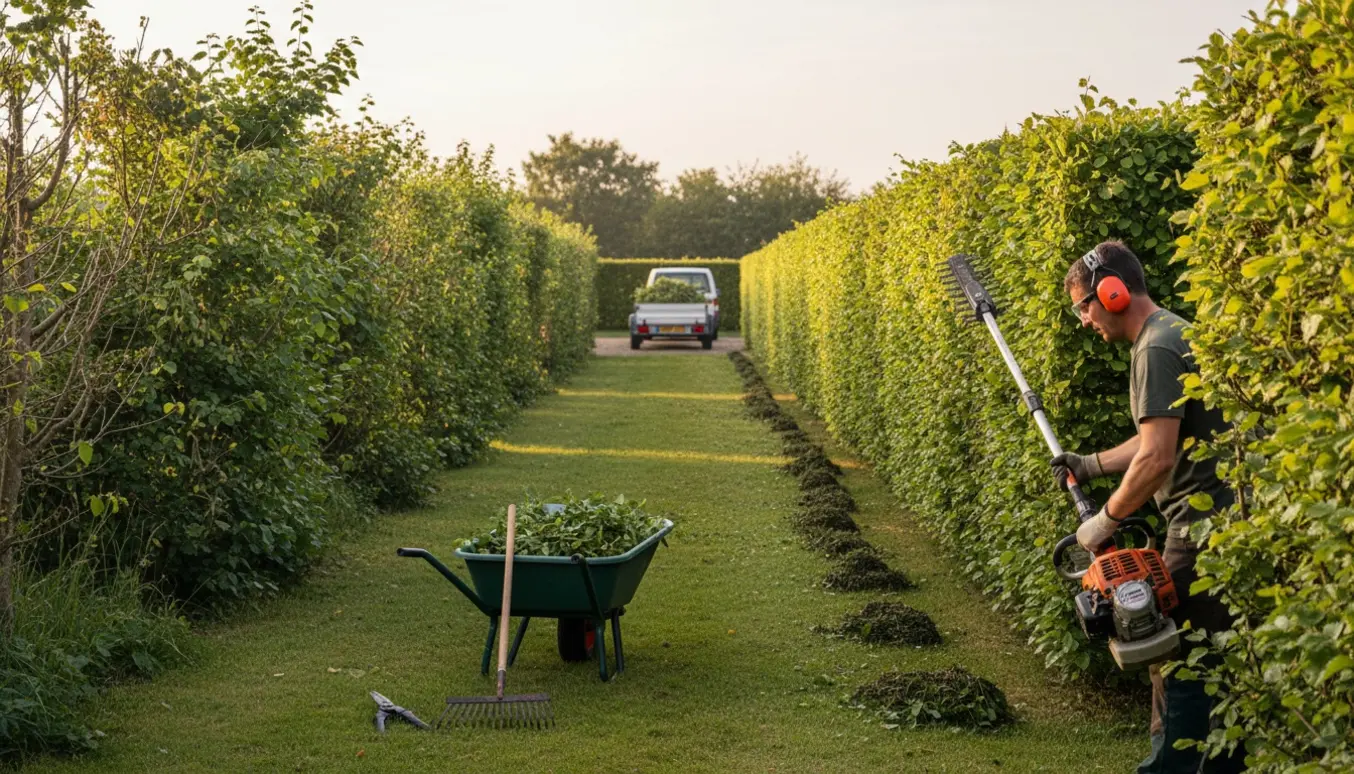 Lang række bøge- og ligusterhække under hækklipning med redskaber og opsamlet afklip klar til bortkørsel.