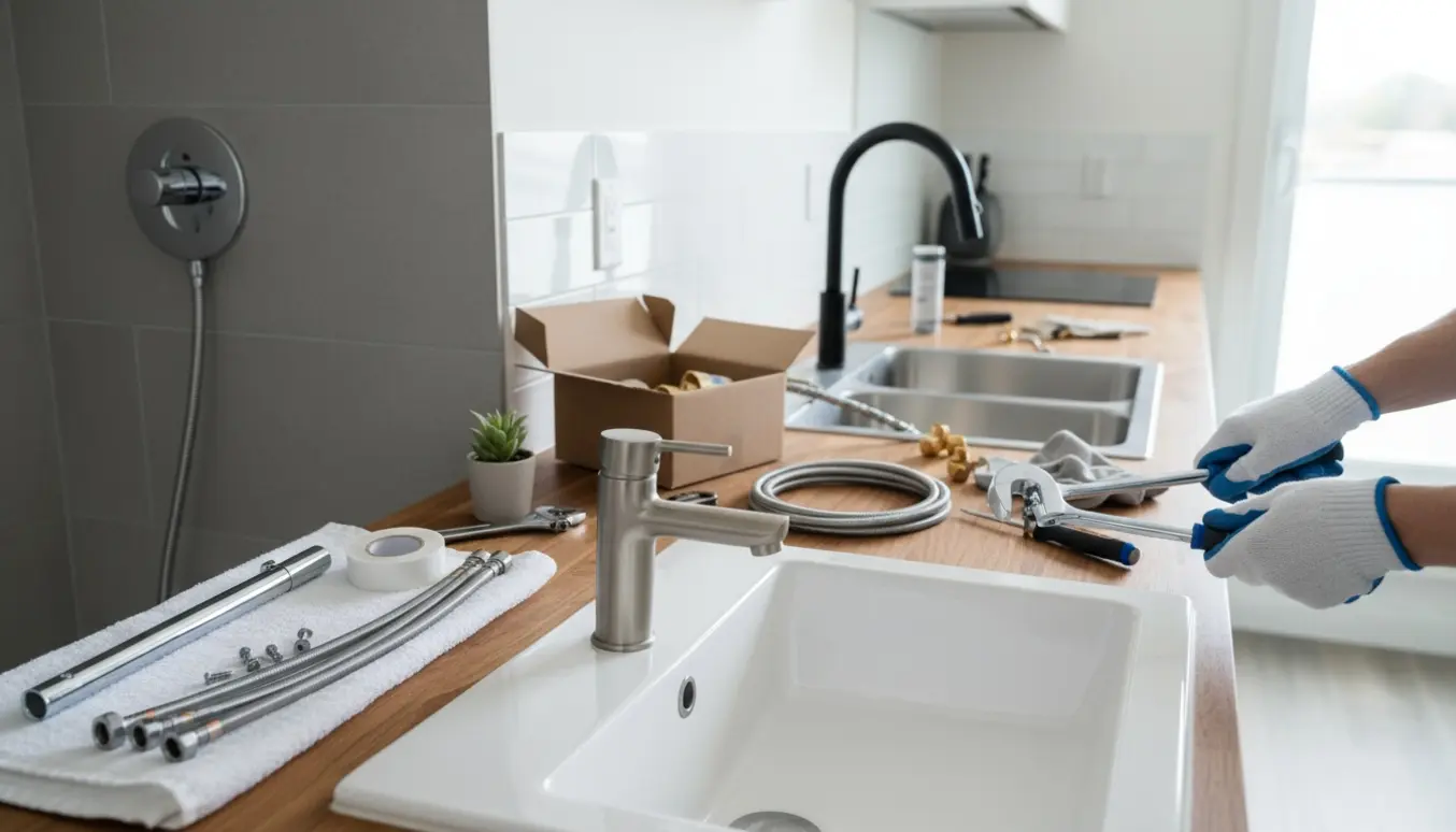 Nærbillede af udskiftning af badeværelses- og køkkenarmaturer med værktøj og nye blanke fittings på en lys, ryddelig overflade.