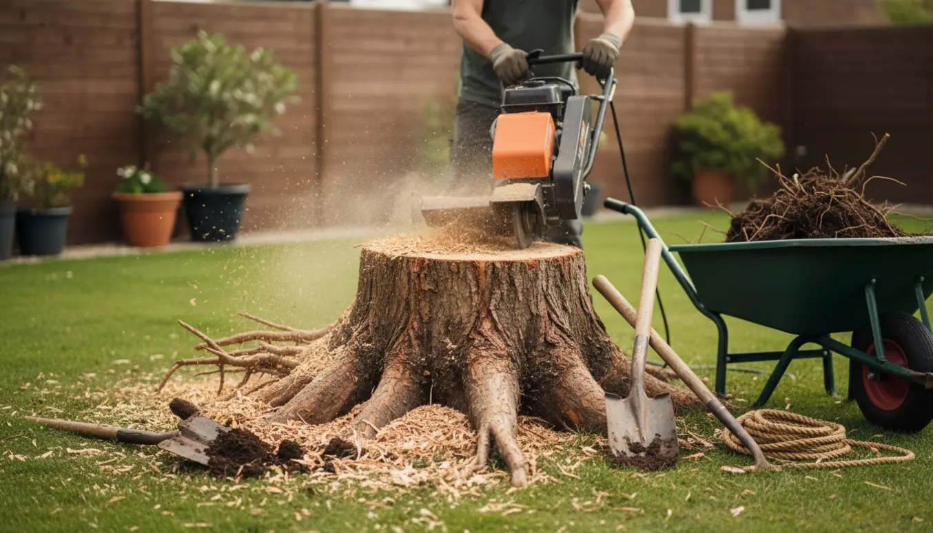 Nærbillede af en ca. 45–50 cm bred træstub, hvor en stubfræser og værktøj fjerner rødder i en have.