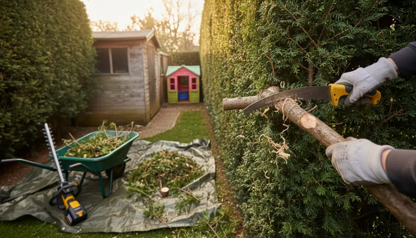 Nærbillede af beskæring af en cirka 2 m høj hæk med grensav og en batteridrevet hækkeklipper, med skur og legehus tæt ved.