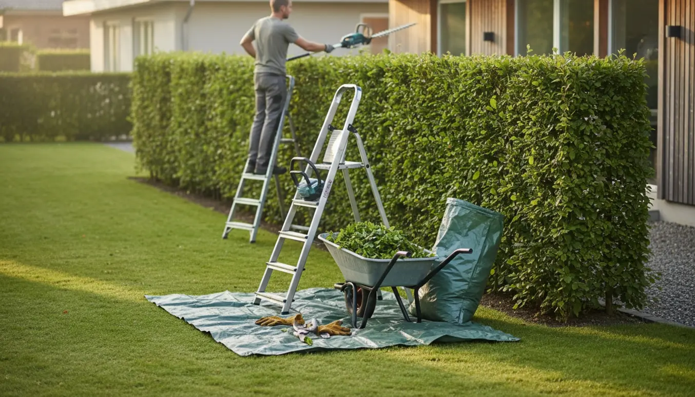 Beskæring af en lang bøgehæk i en forstadshave med værktøj og afklip klar til bortkørsel.