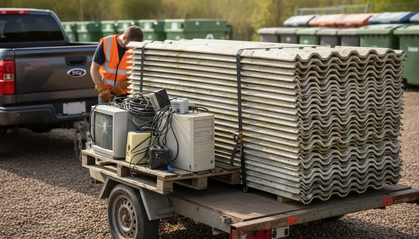 Trailer med stablede tagplader og elektronikaffald ved en genbrugsplads, mens en person i refleksvest spænder læsset.