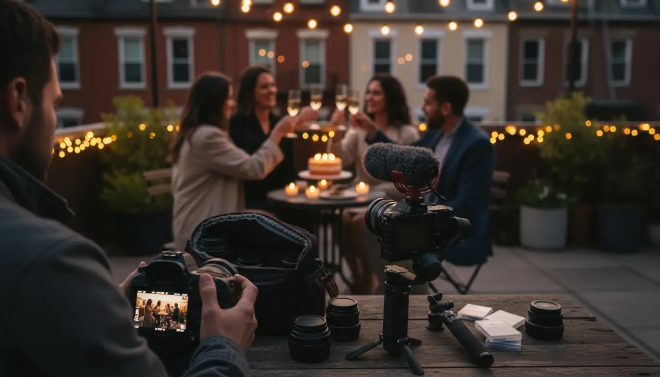 En fotograf og videograf optager en hyggelig aftenfest under varme lyskæder, med udstyr og gæster i blød baggrund.